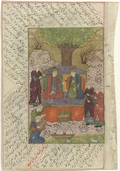Man en vrouw op een troon in een tuin, voor hen twee musici en drie dienaressen by Unknown Artist
