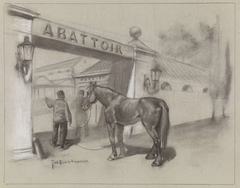 Man met paard voor de ingang van het abattoir by Johan Braakensiek