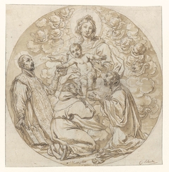 Maria met kind aanbeden door H. Ignatius van Loyola, H. Franciscus Xaverius en heilige monnik by Cornelis Schut I
