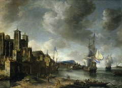 Mediterranean Harbour Scene with the Saint Jean Cathedral at Lyons by Abraham Beerstraaten