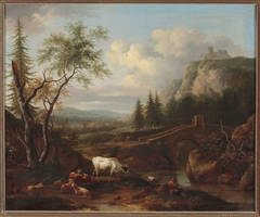 Mountain landscape with a bridge by Joseph Roos