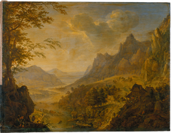 Mountainous Landscape with a River, in the Foreground a Village with Several Boats Moored at the Bank
