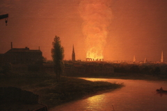 Old Drury Lane Theatre on fire 1809 by Abraham Pether