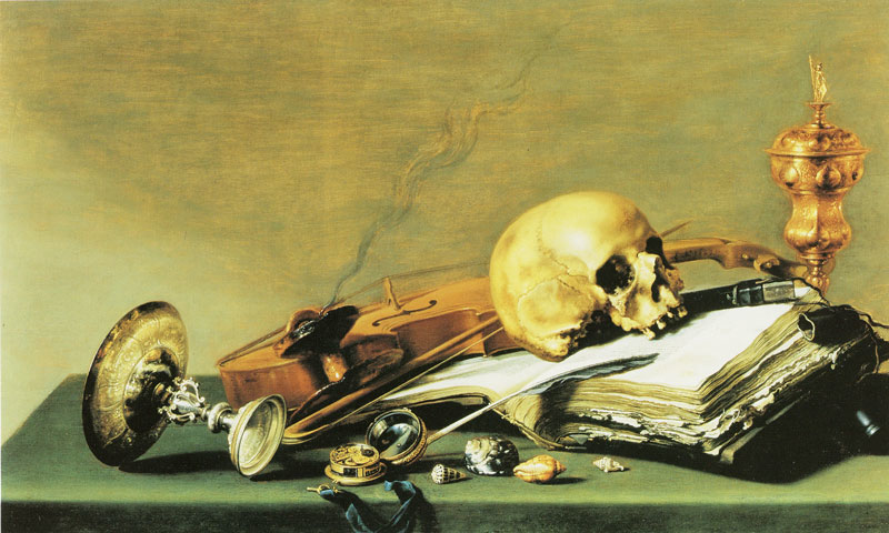 Open book, Skull, Violin and Oil Lamp