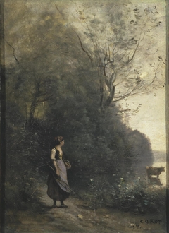 Peasant Girl Grazing a Cow at the a Forest by Jean-Baptiste-Camille Corot