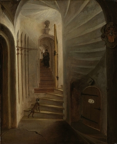 Portal of a stairway tower, with a man descending the stairs: presumably the moment before the assassination of William the Silent in the Ptinsenhof, Delft by Unknown Artist
