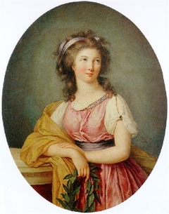 Portrait of a girl in neoclassical dress at a column holding a laurel wreath