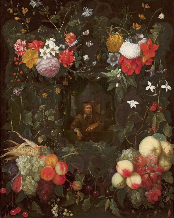 Portrait of a painter surrounded by a garland (detail).