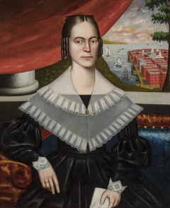 Portrait of a Woman said to be Clarissa Gallond Cook, in front of a Cityscape