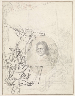 Portret van Johannes Bronkhorst omringd door putti by Nicolaas Verkolje