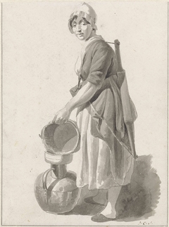 Staande melkvrouw, die melk uitgiet in een koperen kan by Johannes Christiaan Schotel
