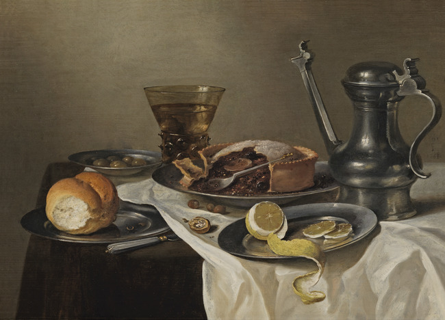 Still Life of a meal with a fruit pie and a Jan Steen jug on a draped tabletop