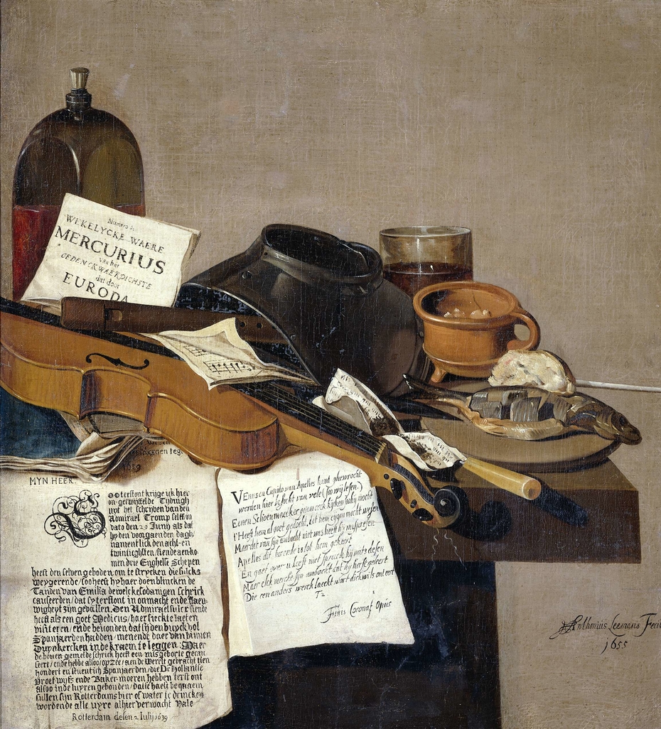 Still Life with a Copy of De Waere Mercurius, a Broadsheet with the News of Tromp's Victory over three English Ships on 28 June 1639, and a Poem telling the story of Apelles and the Cobbler