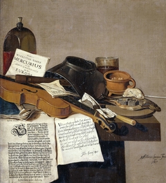 Still Life with a Copy of De Waere Mercurius, a Broadsheet with the News of Tromp's Victory over three English Ships on 28 June 1639, and a Poem telling the story of Apelles and the Cobbler by Anthonius Leemans