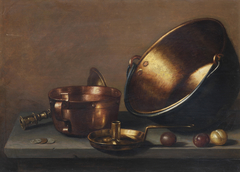 Still life with copper pans, utensils and plums on a stone ledge