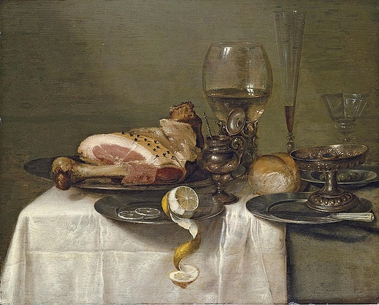 Still life with ham, lemon, roemer, glass flute, wine glass, olives, tazza, bread and knife