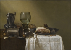 Still life with Jan Steen pitcher and ham by Willem Claesz Heda