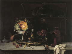 Stilleven met zilveren schaal, kist en potten met geconserveerd fruit by Théodore Rousseau