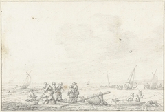 Strandgezicht met op de voorgrond een groep vissers by Jan Porcellis