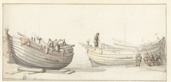 Studie van twee vissersboten met figuren