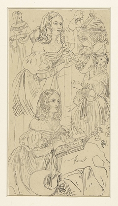 Studieblad met vrouwenfiguur in 19e eeuws costuum, en andere figuren by Rodolphe Bresdin