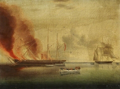 The steamship 'Glasgow' on fire off Nantucket, 31 July 1865: passengers and crew rescued by the 'Rosamund' by James E Buttersworth