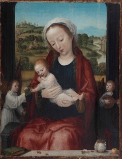 The Virgin and Child enthroned, attended by angels, before an open window