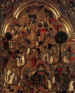 Triptych. Centre Panel: Death of St Ephraim with scenes from the lives of the monks in the Thebaid. Above; the Redeemer and six angels. Left Wing: Mourning Angels; the Crucifixions; the three Marys at