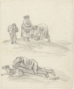 Twee schetsen van twee vrouwen met een kind en een liggende man met een hond by Simon Andreas Krausz