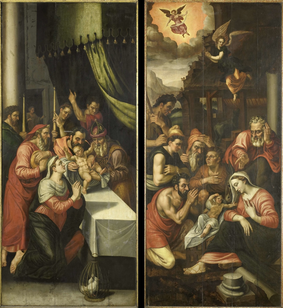 Two Altarpiece Wings with the Circumcision (left) and Adoration of the Shepherds (right). On the outside are John the Baptist with the Lamb of God and Six Kneeling Noblemen in Armor