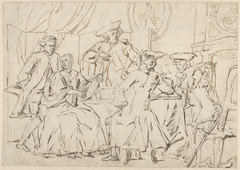 Vier heren en een dame rondom een tafel in een vertrek, bezig met papieren by Unknown Artist
