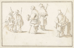 Vijf staande mannen (pelgrims?) by Herman Saftleven