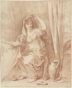Vrouw zittend aan een tafel achter een boek by Willem Joseph Laquy
