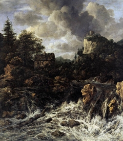Waterfall with mountain top castle and cottage