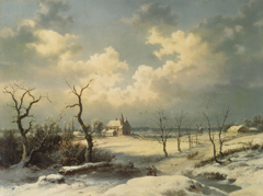 Winter landscape with a village church by Franciszek Kostrzewski