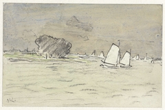 Zeilschepen bij rivieroever by Adolf le Comte