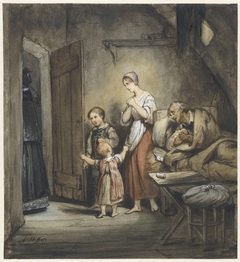Zieke man in bed met naast hem een vrouw en twee kinderen by Ary Scheffer