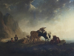 A Coastal Landscape at Sunset with Cattle by Rudolf van Grol