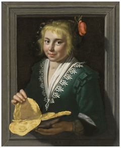 A girl holding pancakes in a feigned stone window