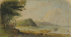 A river scene with a beached dinghy by Arthur Wellington Fowles