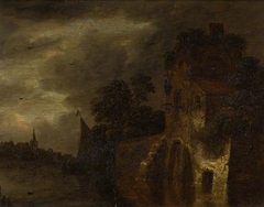 A Tower beside a river by Roelof Jansz van Vries