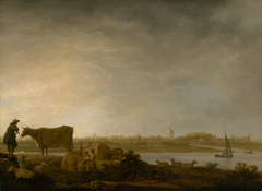 A View of Vianen with a Herdsman and Cattle by a River