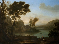 A Winding River with Buildings, Pastoral Figures and Sheep in the foreground by Anonymous