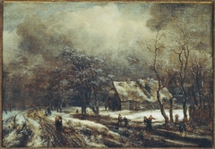A winter landscape with peasants on a road and skaters on a frozen river, a cottage nearby