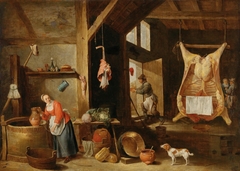 An interior of a barn with a scullery maid at a well by David Teniers the Younger