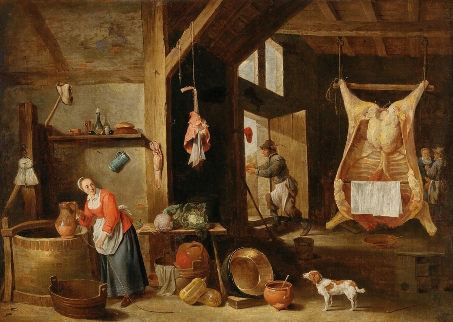 An interior of a barn with a scullery maid at a well