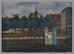 Blauwe molen en Veemarkt met op voorgrond aan de kade een reclameplakbord by Jan Bikkers