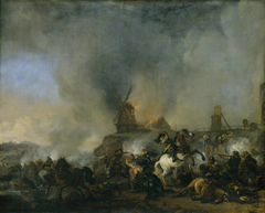 Cavalry in front of a Burning mill by Philips Wouwerman