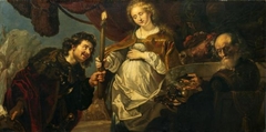 Chariclea handing over a torch to Theagenes to light the sacrificial fire (Heliodorus: Aethiopica) by Karel van Mander III