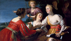 Diana resting after the hunt, with shepherdesses and two greyhounds, a landscape beyond by Gerard van Honthorst